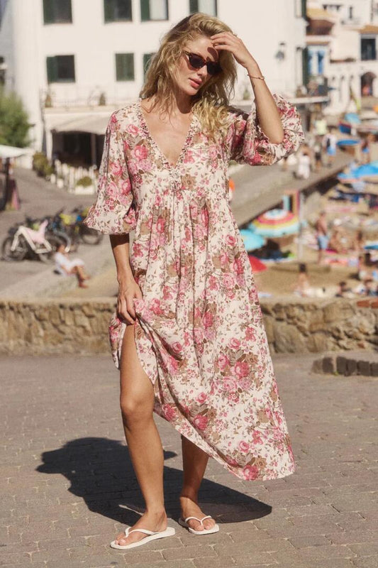 Image of Dresses. Product name - Estella Pink Floral Mid Sleeve Midi Dress in Pink colour by brand - Auguste The Label