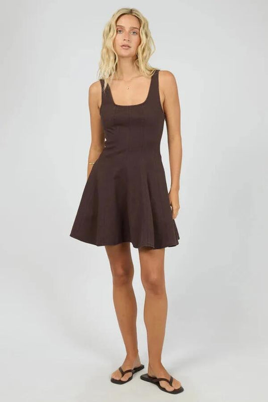 Image of Dresses. Product name - Blakely Brown Denim Sleeveless Mini Dress in Brown colour by brand - All About Eve
