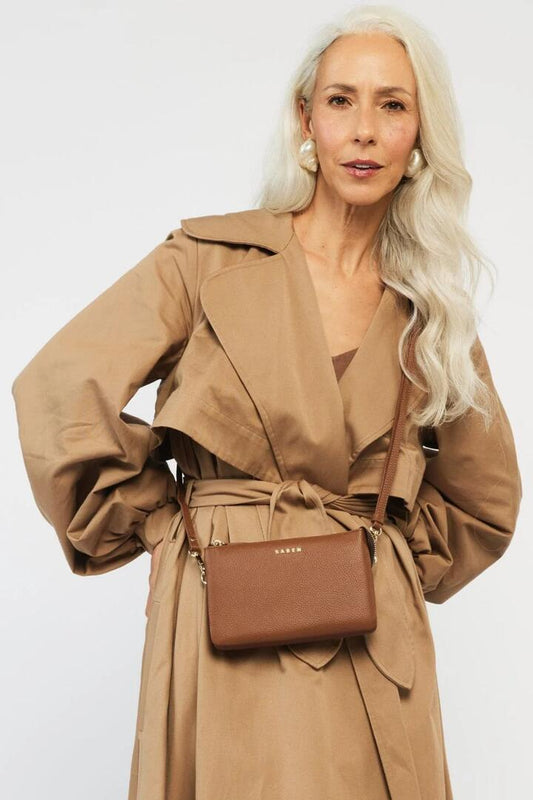 Image of Bags. Product name - Tilly Multi Pocket Tan Leather Crossbody Clutch in Multi colour by brand - Saben