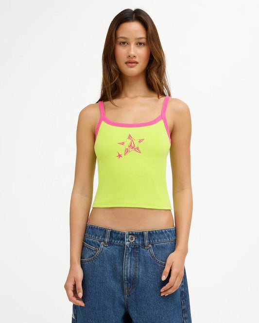 Image of a model wearing Tops. Product name - Volcom Womens Jaleesa Vincent Tank Top Lime Paint in Lime Paint colour by brand - Volcom