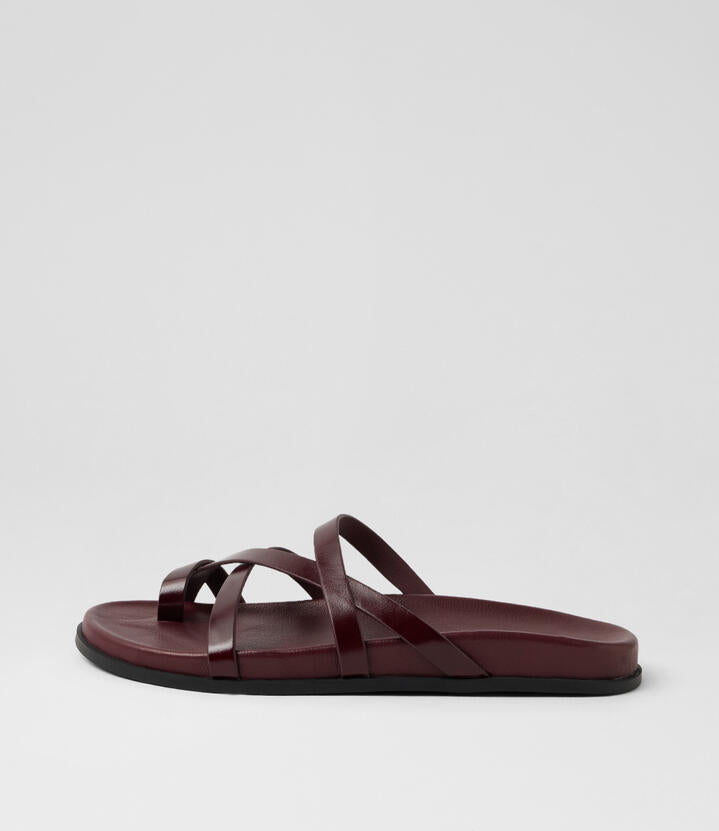Image of Slippers. Product name - Haana Burgundy Shine Leather Slides in Burgundy colour by brand - MOLLINI