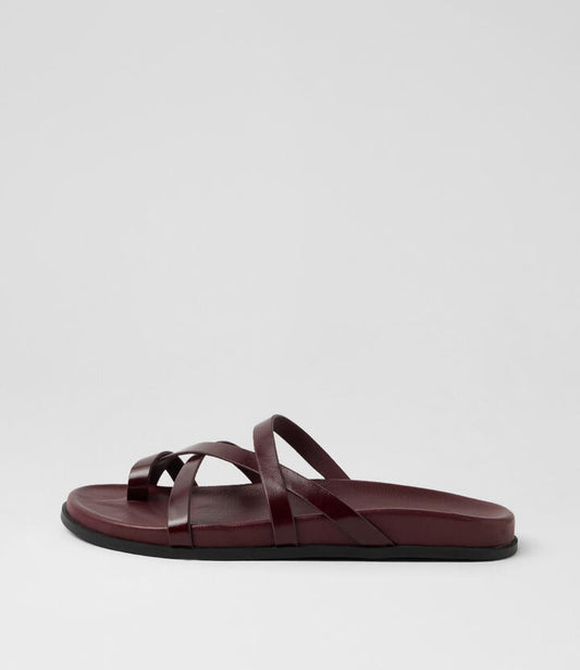 Image of Slippers. Product name - Haana Burgundy Shine Leather Slides in Burgundy colour by brand - MOLLINI