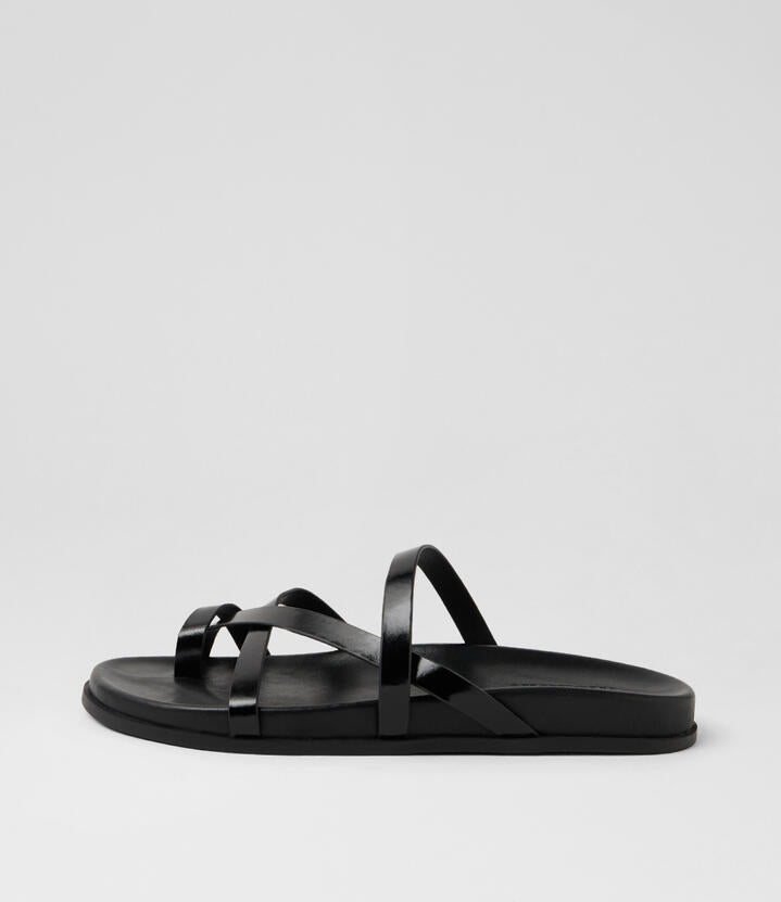 Image of Slippers. Product name - Haana Black Shine Leather Slides in Black-Black Sole colour by brand - MOLLINI