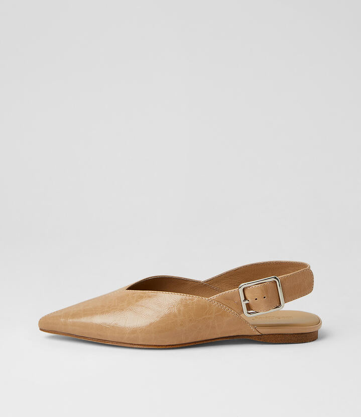 Image of Flats. Product name - Foraya Camel Crinkle Leather Slingbacks in Camel colour by brand - MOLLINI