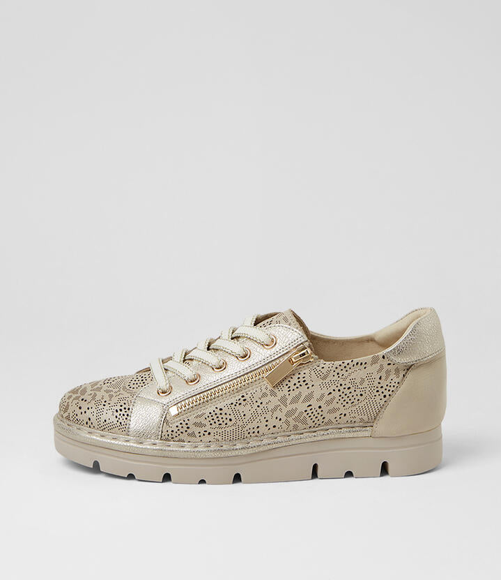 Image of Sneakers. Product name - Elicio Beige Gold Wash Leather Sneakers in Beige-Beige&Gold Wash colour by brand - MIDAS