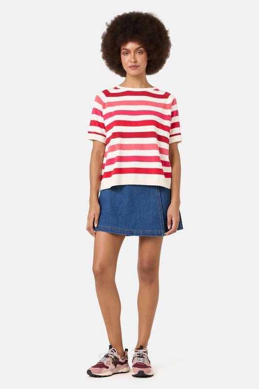 Image of a model wearing Tops. Product name - Mirage Stripe Knit Top in Pink colour by brand - Gorman