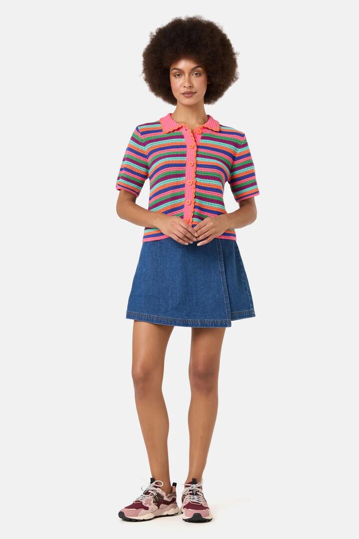 Image of a model wearing Tops. Product name - Study In Stripes Knit Polo Top in Stripe colour by brand - Gorman
