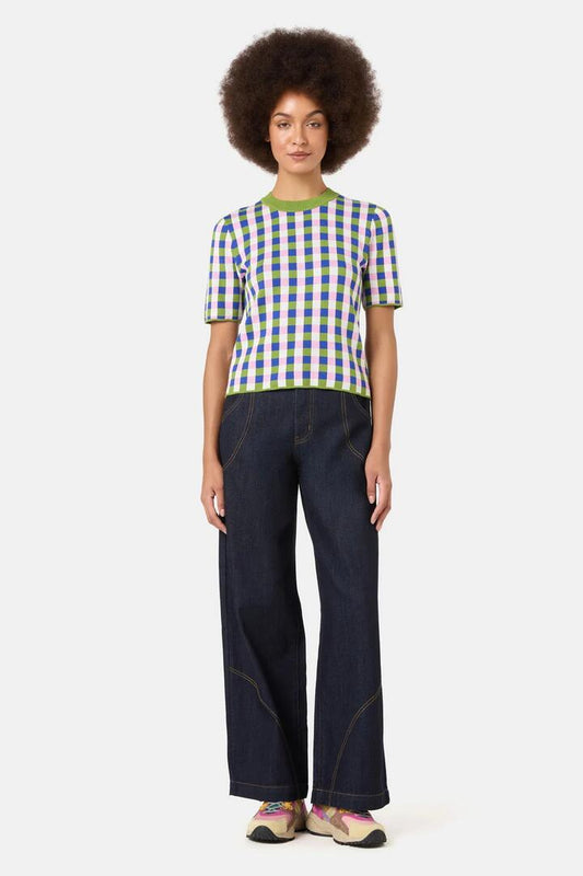 Image of a model wearing Tops. Product name - Gillian Gingham Knit Top in Print colour by brand - Gorman