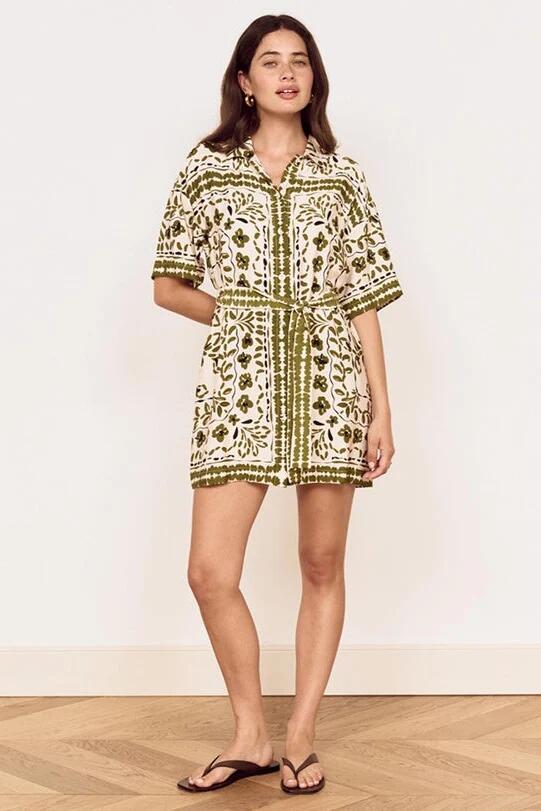 Image of Dresses. Product name - Remi Olive Paisley SS Mini Shirt Dress in Green colour by brand - Mink Pink