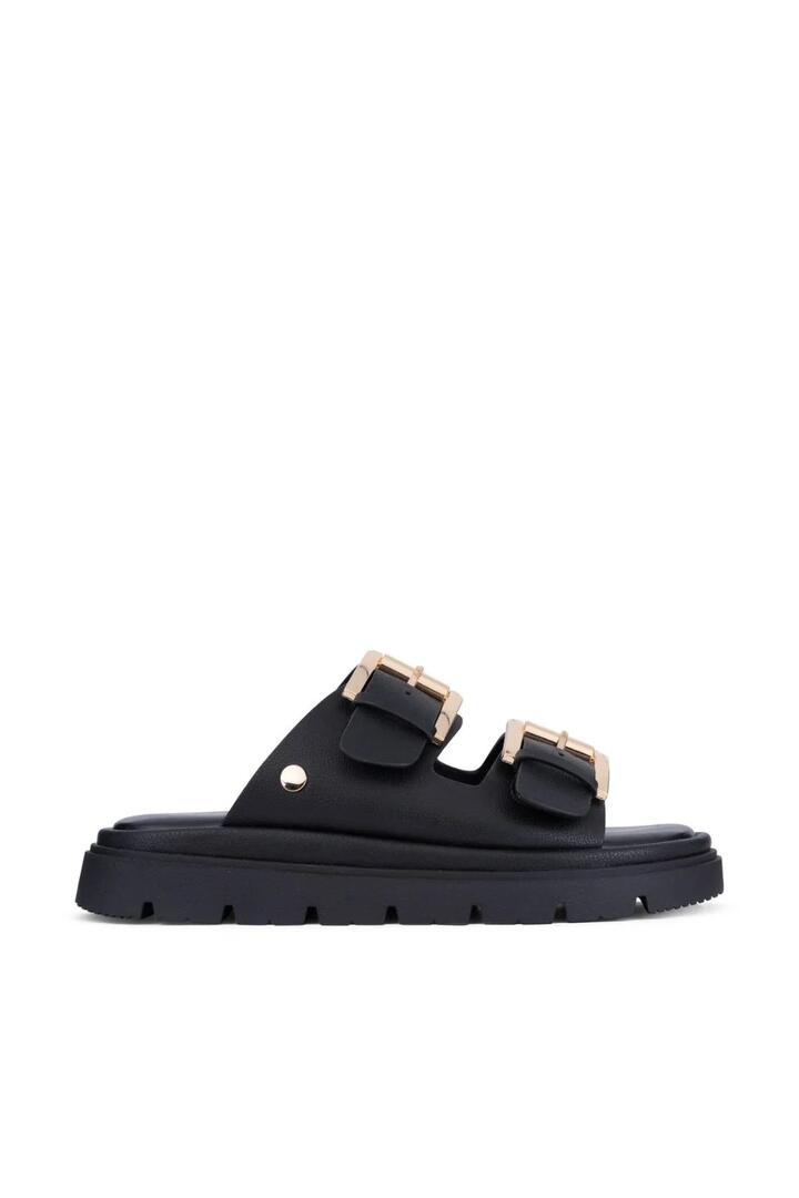 Image of Sandals. Product name - Toledo Black Double Buckle Slide in Black colour by brand - Los Cabos