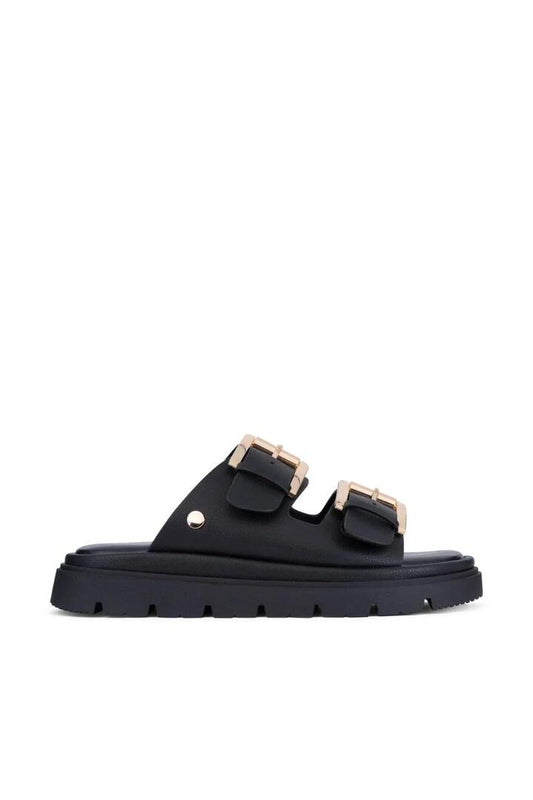 Image of Sandals. Product name - Toledo Black Double Buckle Slide in Black colour by brand - Los Cabos