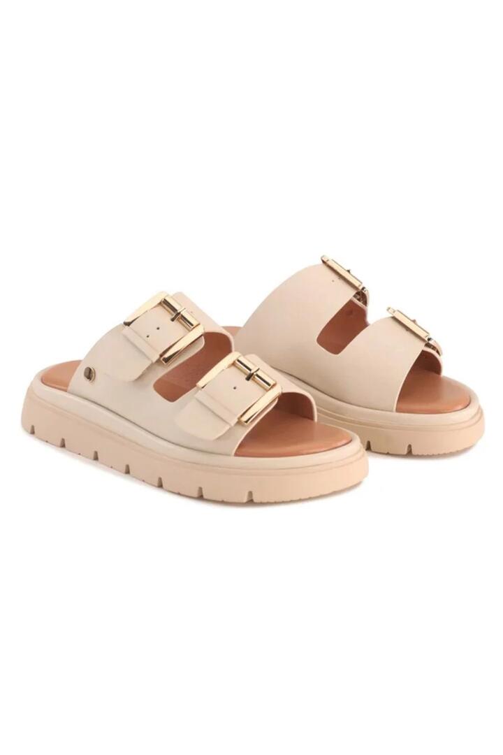 Image of Sandals. Product name - Toledo Bone Double Buckle Slide in Oat colour by brand - Los Cabos
