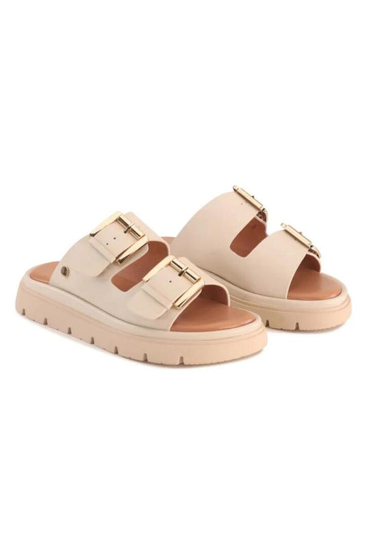 Image of Sandals. Product name - Toledo Bone Double Buckle Slide in Oat colour by brand - Los Cabos