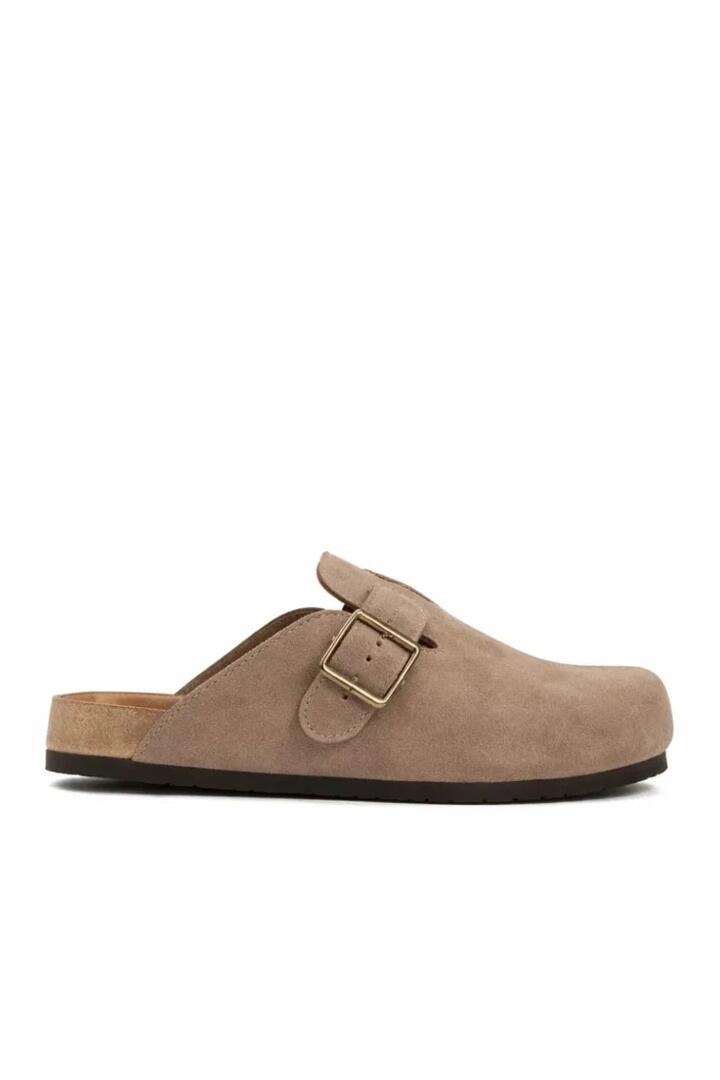Image of Sandals. Product name - Bili Taupe Suede Clogs in Natural colour by brand - Los Cabos