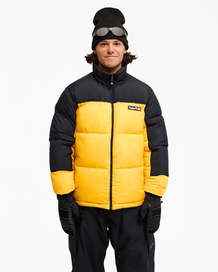 Image of a model wearing Outerwear. Product name - Quiksilver Mens Cold Days 5K Puffer Jacket Radiant Yellow in Radiant Yellow colour by brand - Quiksilver