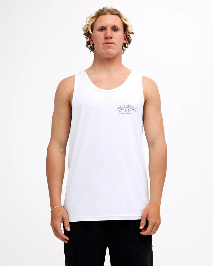 Image of a model wearing Tops. Product name - Billabong Mens Legacy Tank White in White colour by brand - Billabong