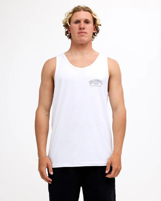 Image of a model wearing Tops. Product name - Billabong Mens Legacy Tank White in White colour by brand - Billabong
