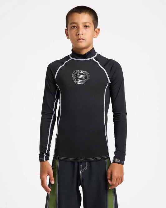 Image of a model wearing Tops. Product name - Billabong Boys 8-16 Boys Spec 73 Upf 50 Long Sleeve Rashguard Black in Black colour by brand - Billabong