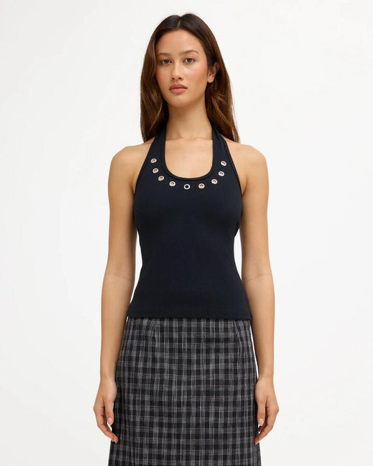 Image of a model wearing Tops. Product name - Volcom Womens Metal Halter Top Black in Black colour by brand - Volcom