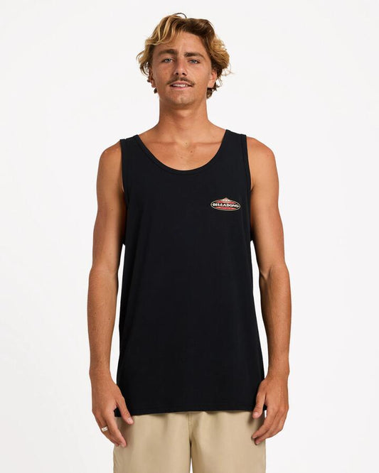 Image of a model wearing Tops. Product name - Billabong Mens Stringer Tank Black in Black colour by brand - Billabong