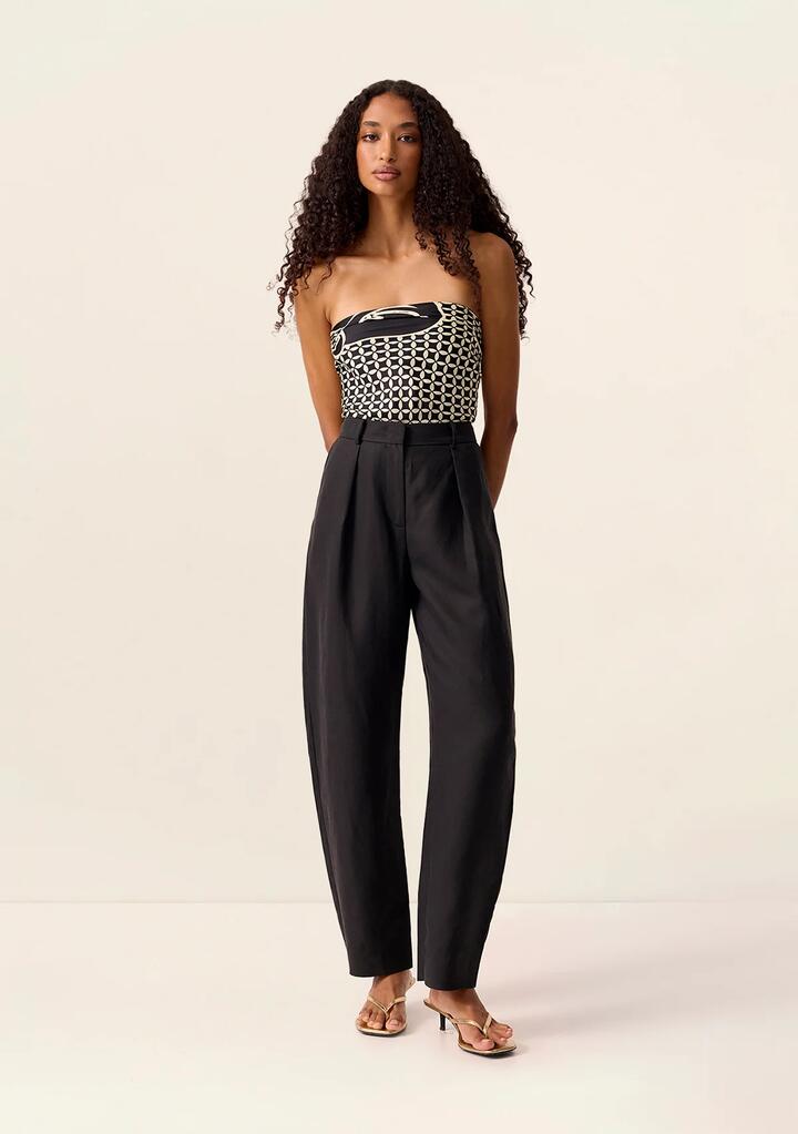 Image of a model wearing Pants. Productname: Cecilia Barrel Leg Pants in Black colour by brand - MOS The Label