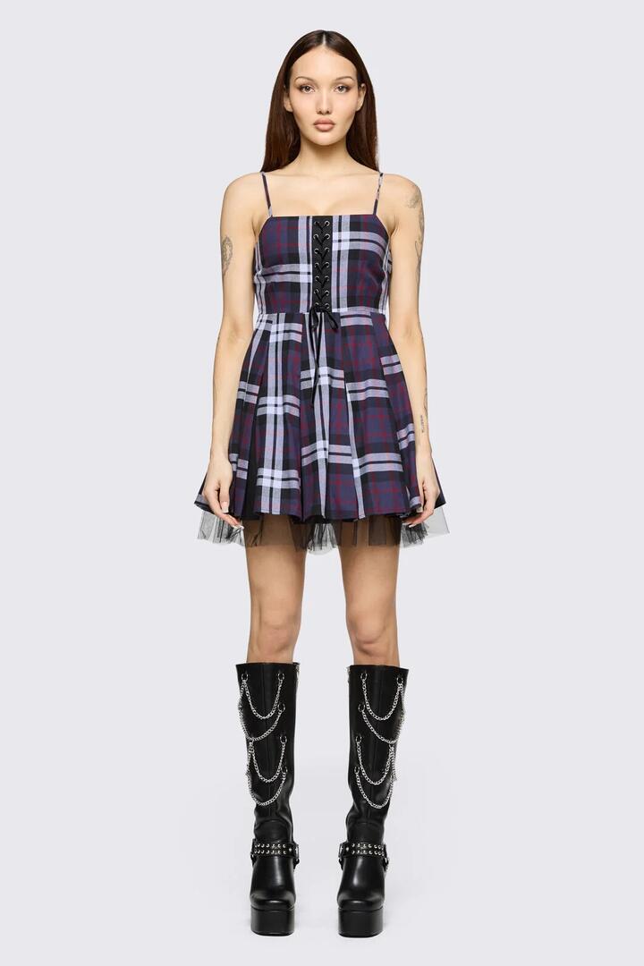 Image of Dresses. Product name - Monstre Tartan Dress in Purple colour by brand - Black Friday