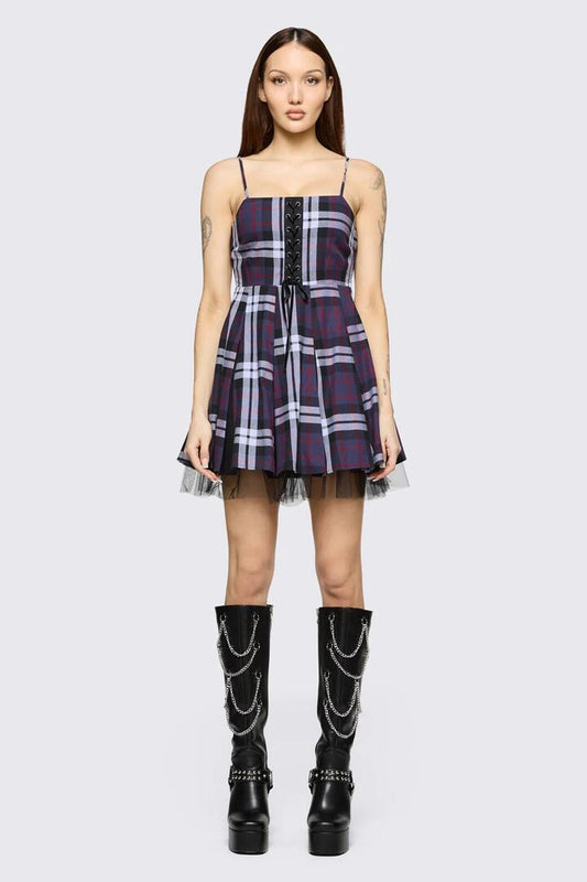 Image of Dresses. Product name - Monstre Tartan Dress in Purple colour by brand - Black Friday