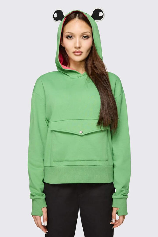 Image of a model wearing Outerwear. Product name - Cute Frog Hoodie in Green colour by brand - Dangerfield