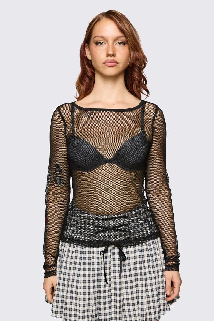 Image of a model wearing Tops. Product name - Bonnet Mesh Top in Black colour by brand - Dangerfield
