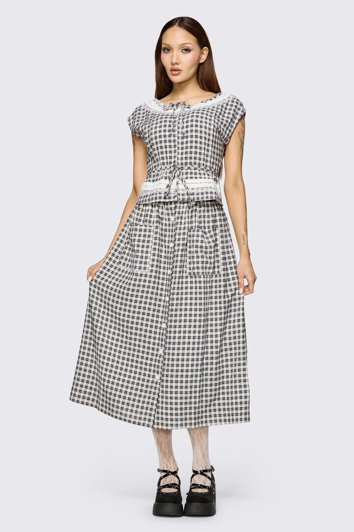 Image of a model wearing Tops. Product name - Darling Gingham Top in Black/White colour by brand - Dangerfield