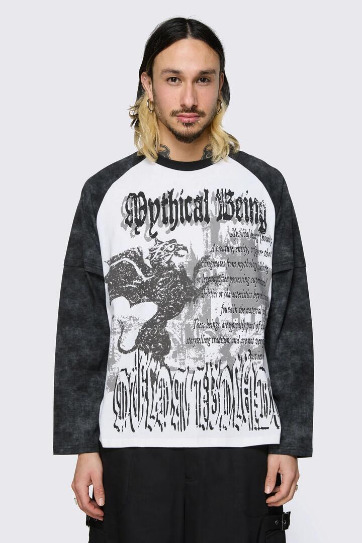 Image of a model wearing Tops. Product name - Mythical Goth Contrast Long Sleeve Tee in Grey/White colour by brand - Black Friday
