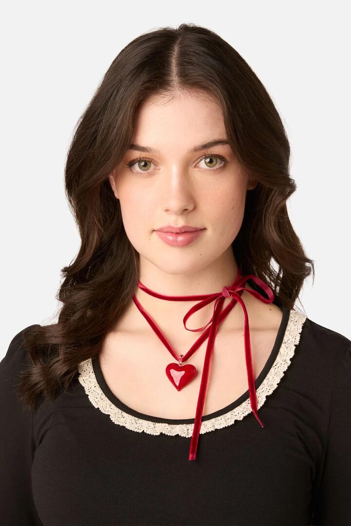 Image of Necklaces. Product name - Velvet Bow Heart Necklace in Red colour by brand - Princess Highway