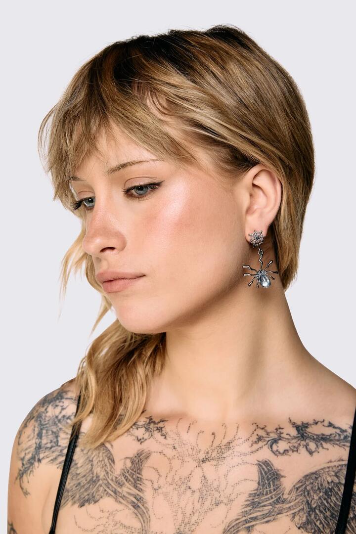 Image of Earrings. Product name - Spider & Web Earrings in Gunmetal colour by brand - Dangerfield