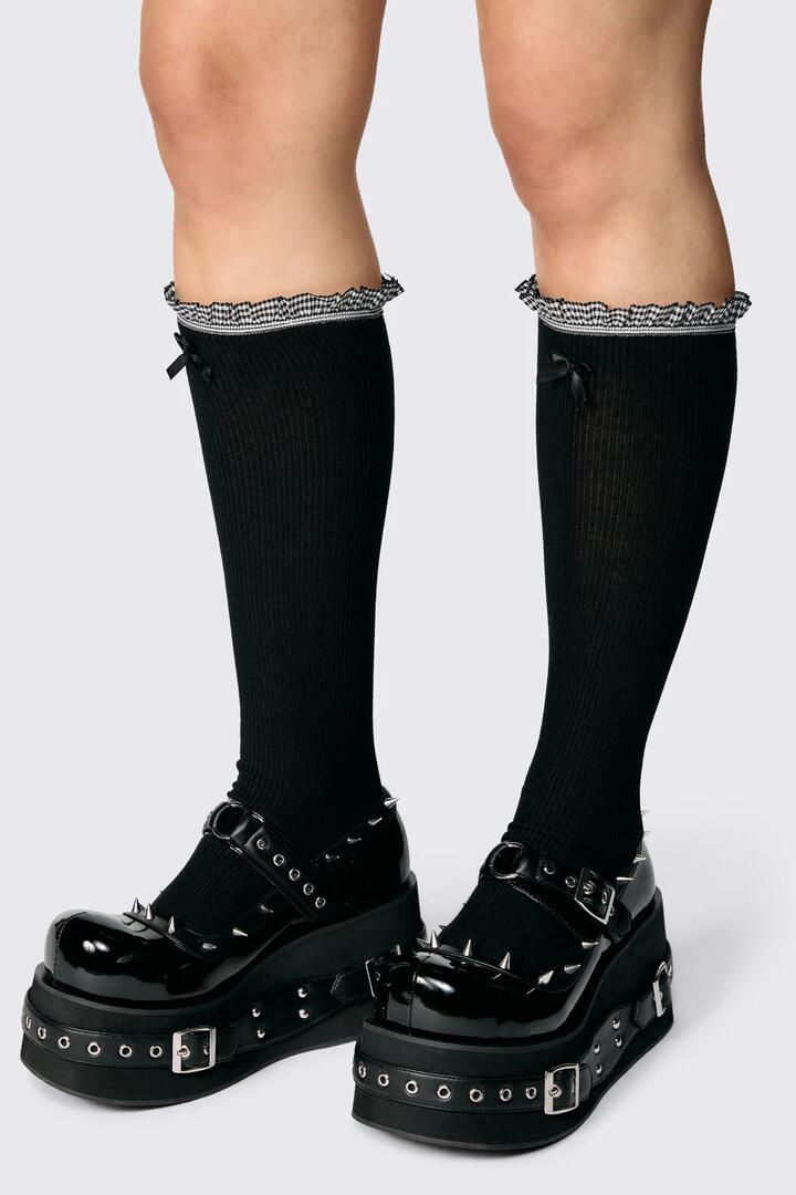 Image of Socks. Product name - Long Frill Bow Socks in Black colour by brand - Dangerfield