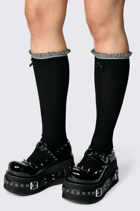Image of Socks. Product name - Long Frill Bow Socks in Black colour by brand - Dangerfield