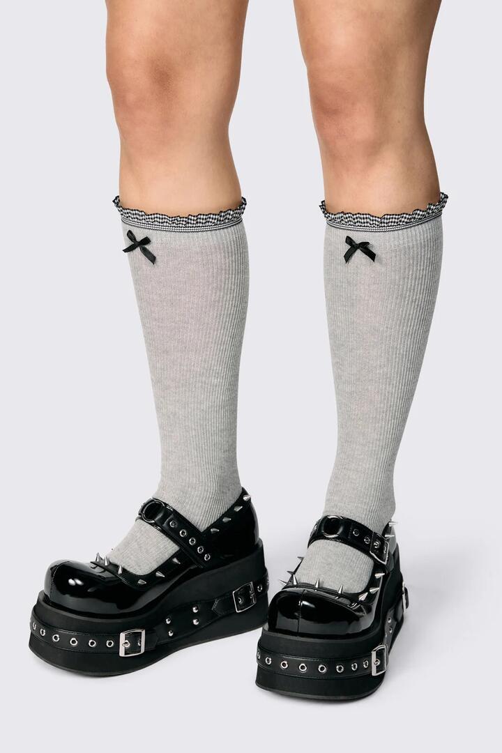 Image of Socks. Product name - Long Frill Bow Socks in Grey colour by brand - Dangerfield