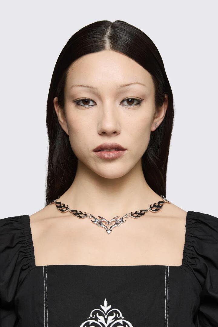 Image of Necklaces. Product name - Tattoo Heart Flame Necklace in Silver colour by brand - Black Friday