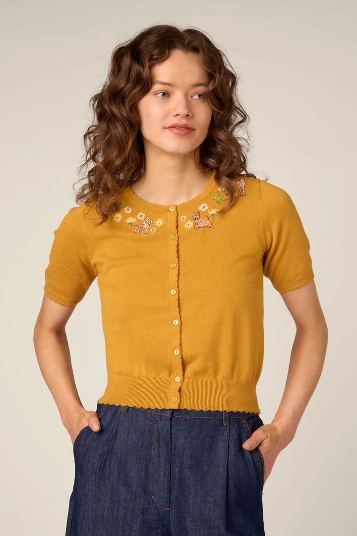 Image of Cardigans. Product name - Cute Dogs Embroidered Cardigan in Mustard colour by brand - Princess Highway