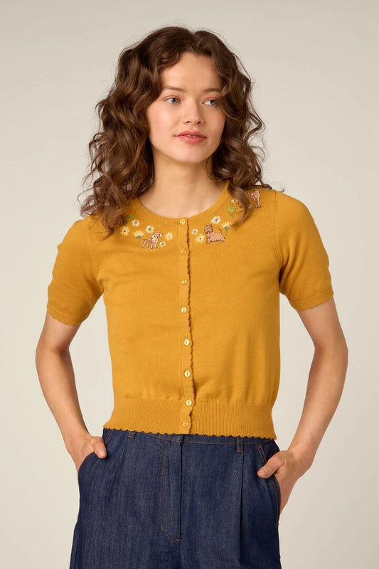 Image of Cardigans. Product name - Cute Dogs Embroidered Cardigan in Mustard colour by brand - Princess Highway