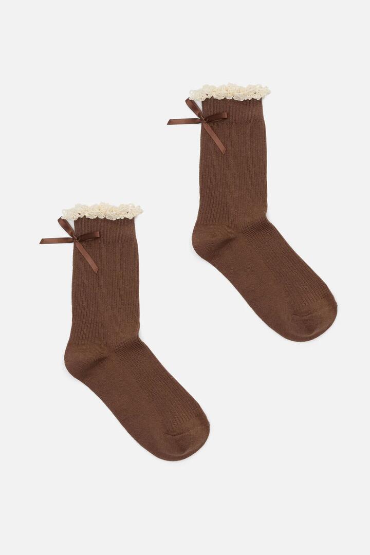 Image of Socks. Product name - Choc Bow Back Frill Socks in Chocolate colour by brand - Princess Highway
