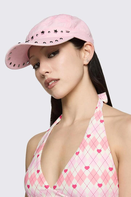 Image of Jeans. Product name - Washed Denim Star Stud Cap in Pink colour by brand - Black Friday