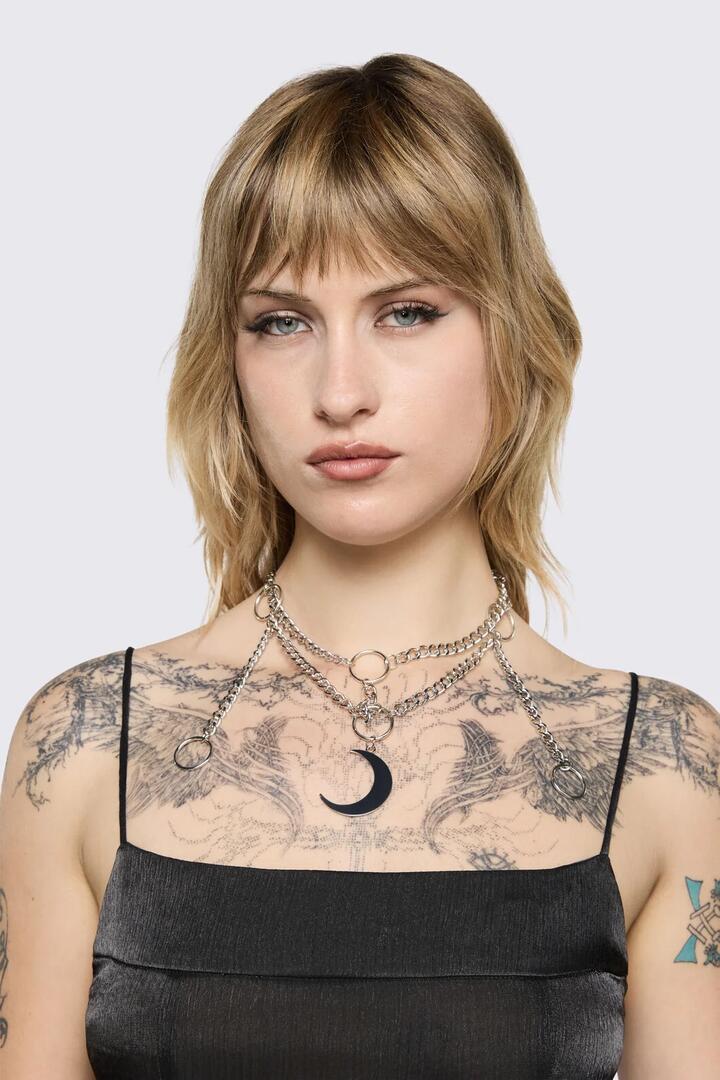 Image of Necklaces. Product name - Ring & Chain Crescent Necklace in Silver colour by brand - Black Friday