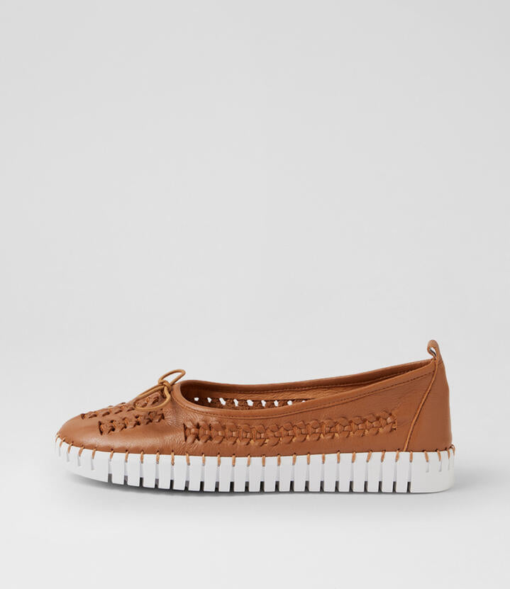 Image of Flats. Product name - Hangon Tan White Leather Flat Shoes in Tan-White Sole colour by brand - MIDAS