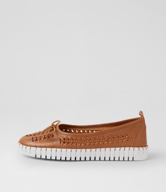 Image of Flats. Product name - Hangon Tan White Leather Flat Shoes in Tan-White Sole colour by brand - MIDAS
