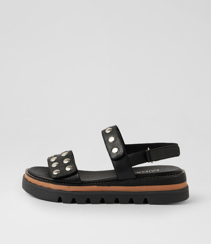 Image of Heels. Product name - Sid Black Silver Leather Platform Wedge in Black-Silver colour by brand - MIDAS