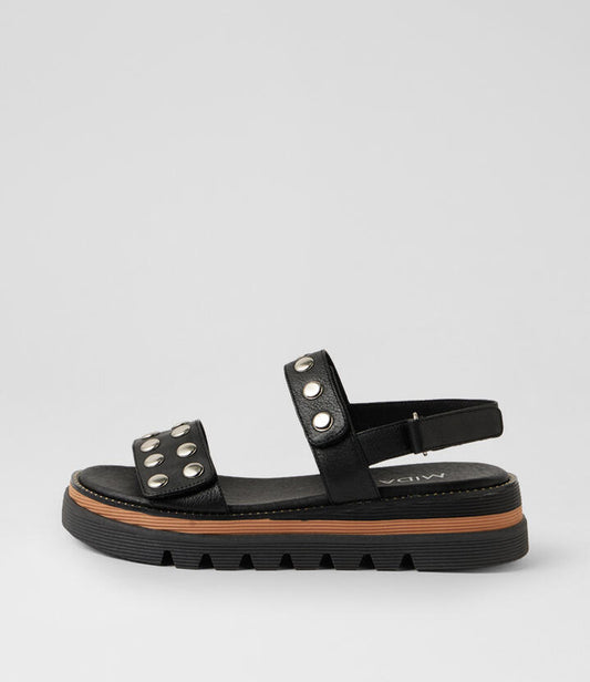 Image of Heels. Product name - Sid Black Silver Leather Platform Wedge in Black-Silver colour by brand - MIDAS