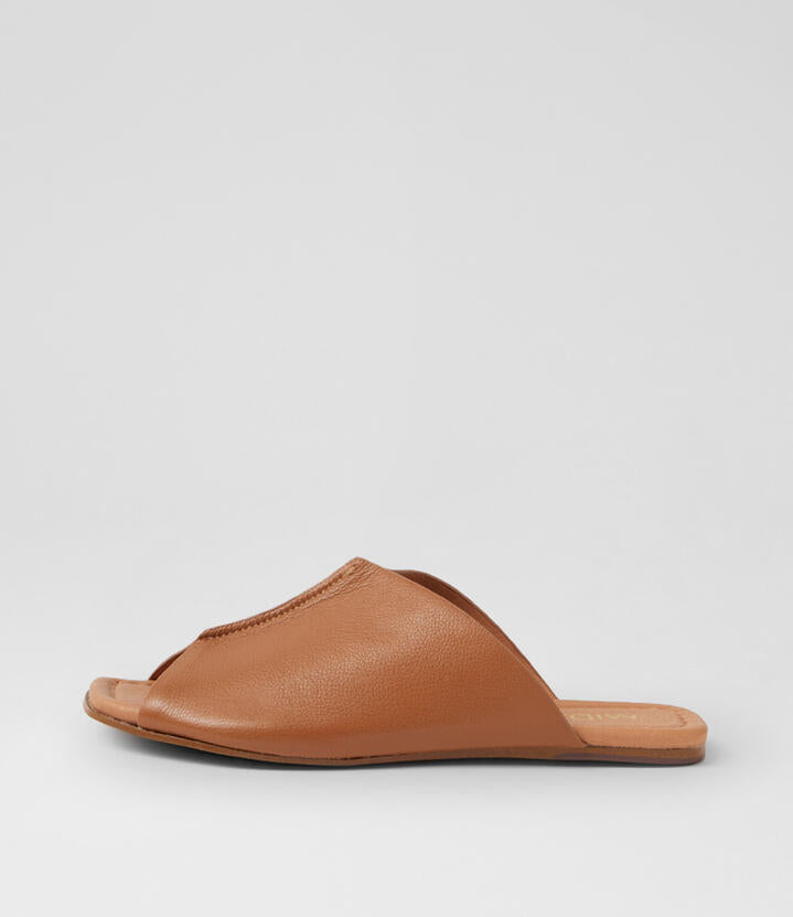 Image of Slippers. Product name - Pharel Dark Tan Leather Slides in Dk Tan colour by brand - MIDAS