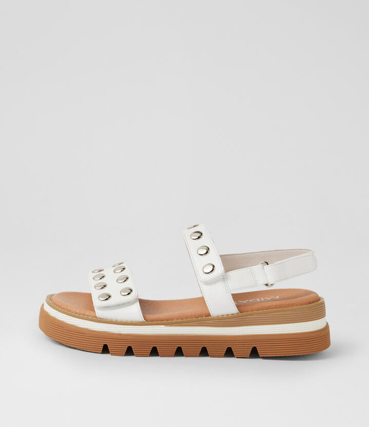 Image of Heels. Product name - Sid White Silver Leather Platform Wedge Sandals in White-Silver colour by brand - MIDAS