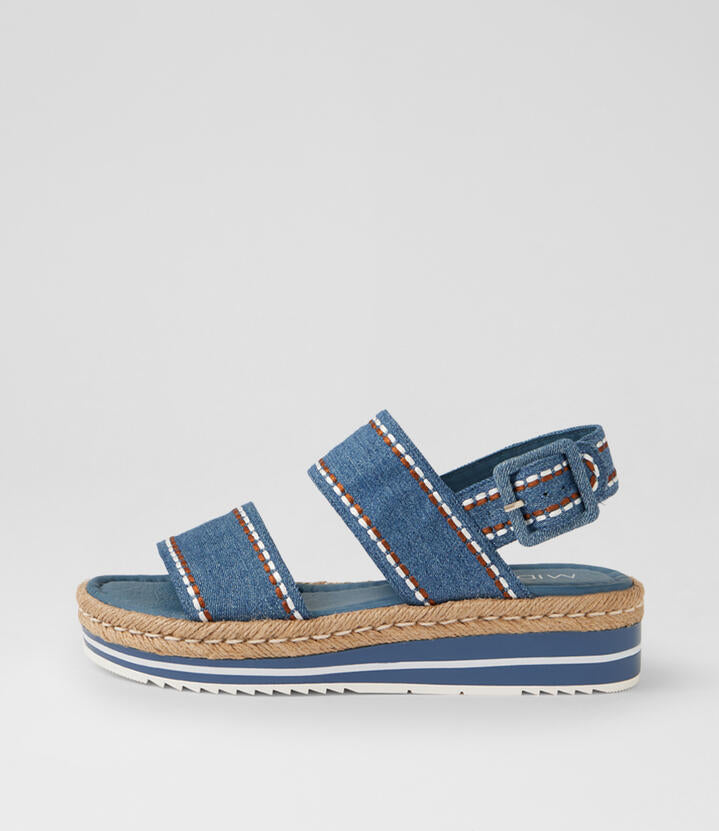 Image of Heels. Product name - Amitee Denim Embroidery Fabric Platform Wedge Sandals in Denim Embroidery colour by brand - MIDAS