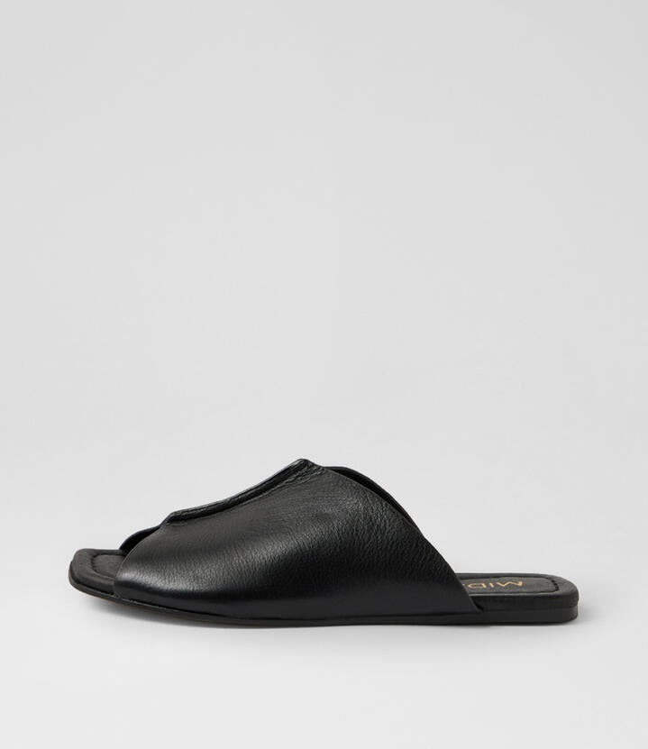 Image of Slippers. Product name - Pharel Black Leather Slides in Black colour by brand - MIDAS